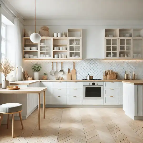 A Scandinavian open concept kitchen designs featuring light colors like white and soft gray, natural wood accents, and clean, simple lines