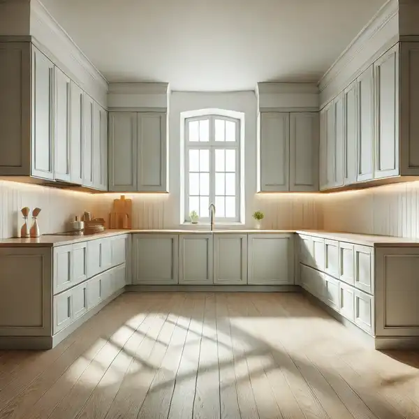 A U shaped kitchen design ideas with soft white walls, light grey cabinets, and tan countertops, featuring natural light reflecting off the surface