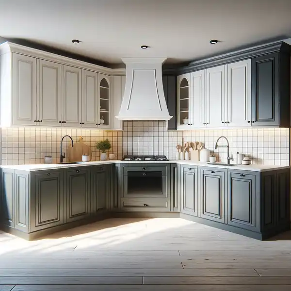 A U shaped kitchen design ideas with two tone cabinets, featuring light upper cabinets in white and dark lower cabinets in charcoal gray