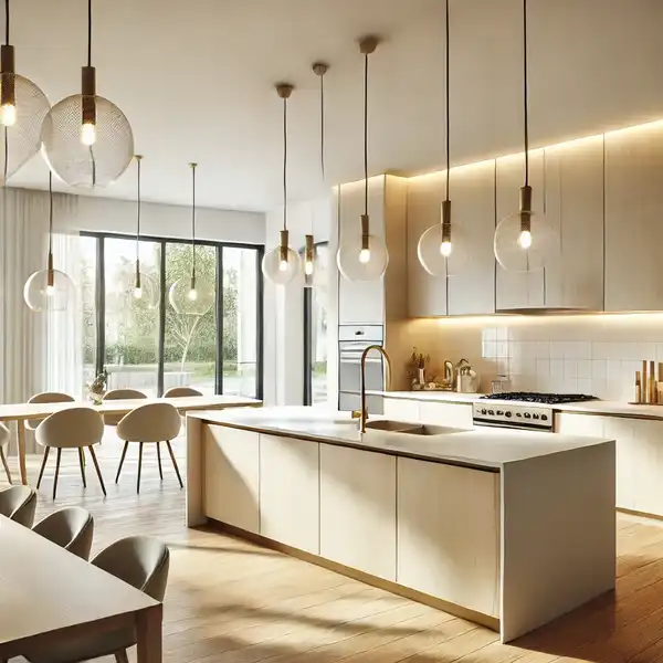 A bright L shaped kitchen ideas featuring modern lighting solutions