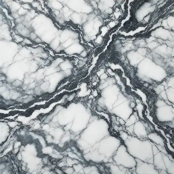 A close up view of Statuario marble featuring a bright white base with very bold, over the top gray veining