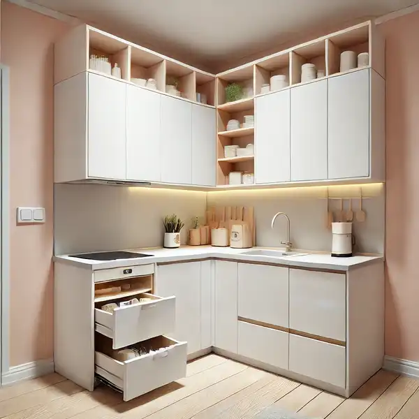 A compact L shaped kitchen ideas in a small space, featuring slim white cabinets that reach the ceiling