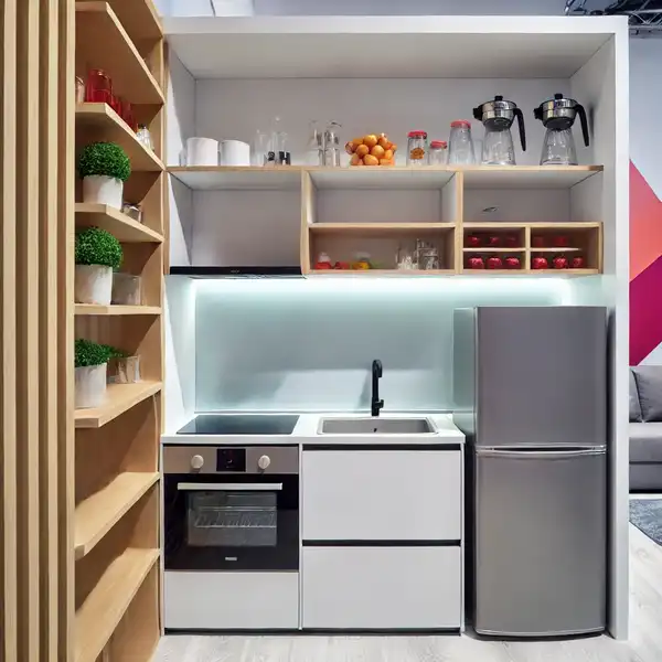 A compact gourmet kitchen designed for a small space. It features slim appliances, open shelving, and a bright color palette