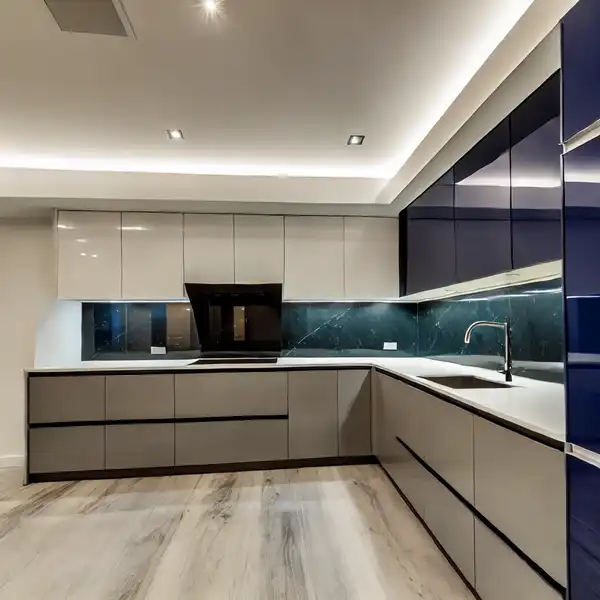 A contemporary open concept kitchen designs featuring sleek, glossy cabinets, quartz countertops, and modern lighting