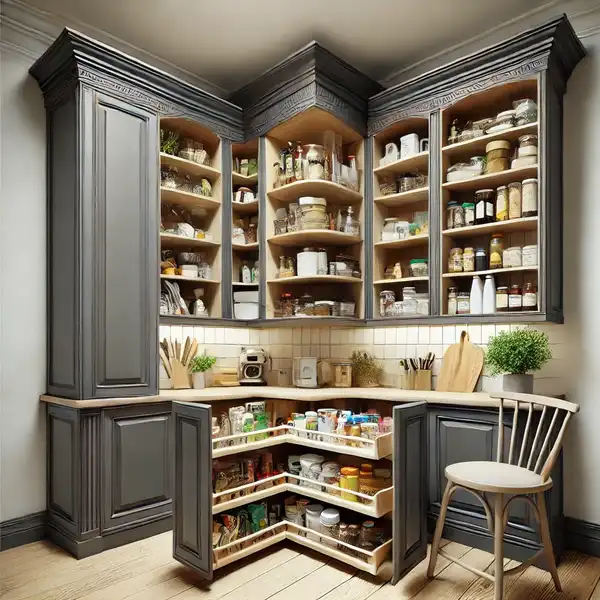 A corner pantry design with a built in unit, featuring pull out shelves for easy access to hidden storage items