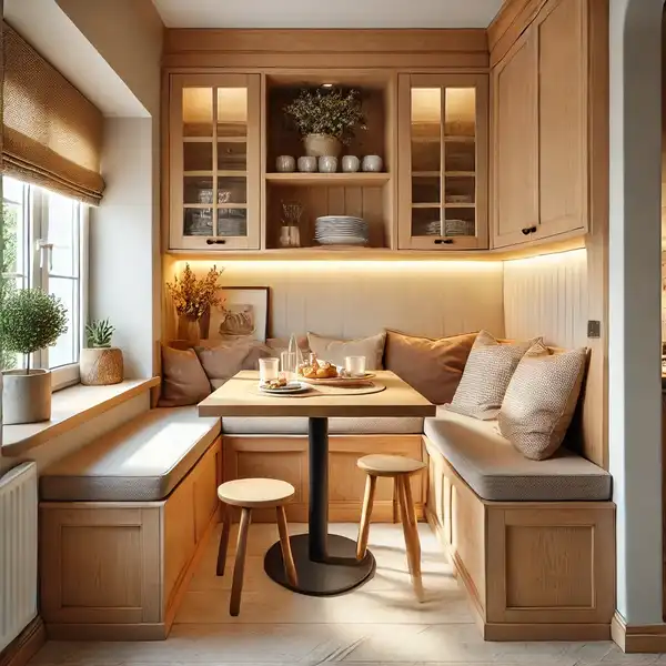 A cozy family breakfast nook, featuring a built in bench and a small wooden table with seating