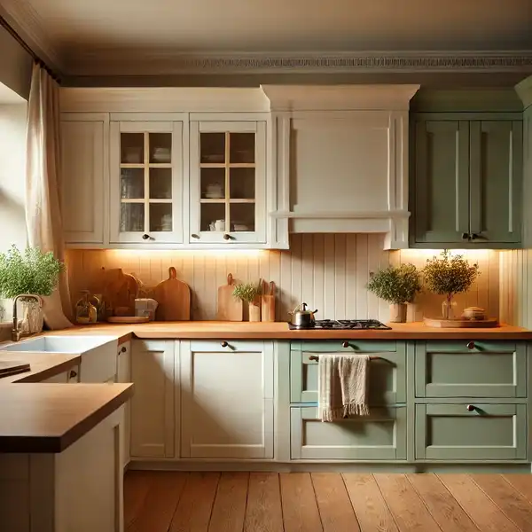 A cozy kitchen featuring two tone kitchen cabinets, The upper cabinets are a soft cream color, and the lower cabinets are a calming soft green