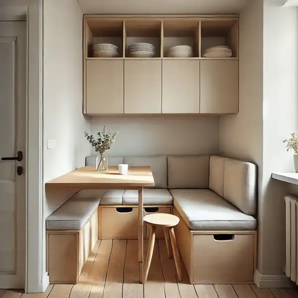 A cozy small kitchen featuring banquette seating along the wall Kitchen seating ideas for small spaces