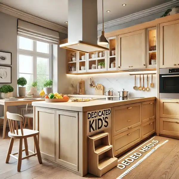 A family friendly kitchen with a dedicated kid's countertop at a lower height