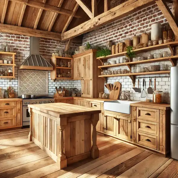 A farmhouse kitchen design with natural materials such as wooden cabinets, butcher block countertops, and a brick backsplash