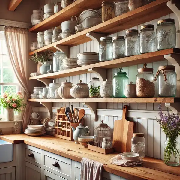 A farmhouse kitchen design with open wooden shelves displaying pretty dishes and mason jars