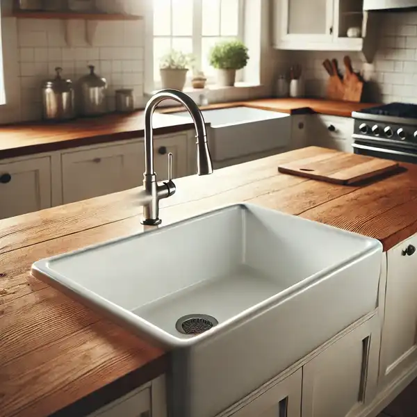 A farmhouse kitchen designs featuring a big, deep white porcelain sink with stainless steel