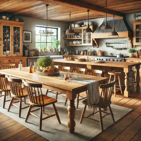 A farmhouse kitchen featuring a large wooden table with chairs and a kitchen island with extra seating