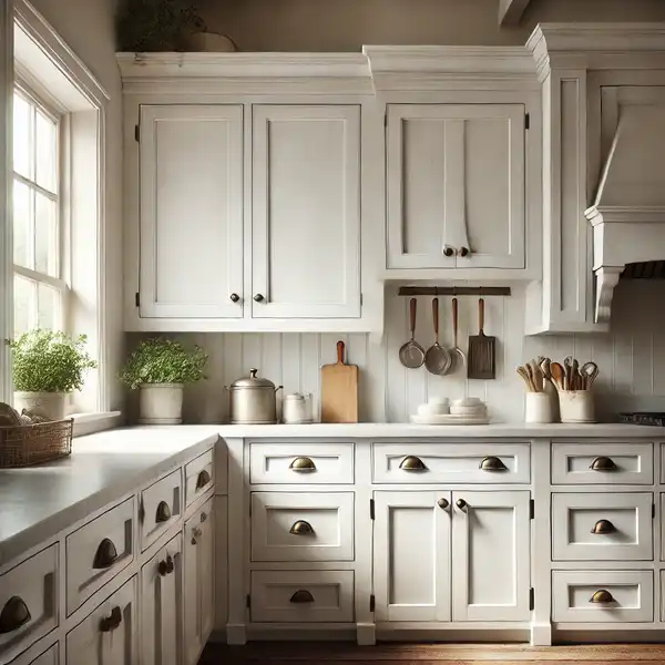 A farmhouse kitchen featuring white or light gray shaker style cabinets with vintage bronze knobs