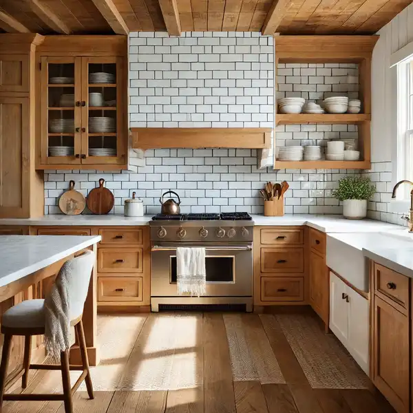 A farmhouse kitchen with a subway tile backsplash paired with wooden cabinets and countertops