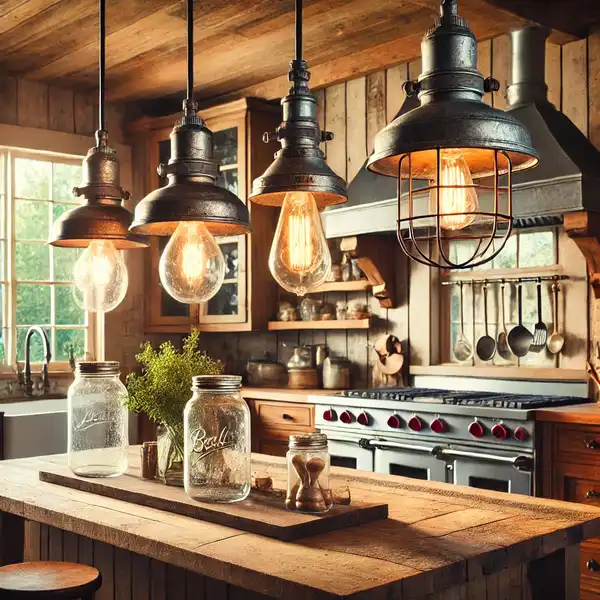 A farmhouse kitchen with vintage and industrial lighting, featuring mason jar pendant lights and metal factory style fixtures