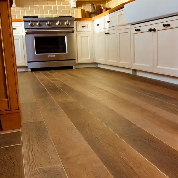 A farmhouse kitchen with wooden floors or wood look tile flooring