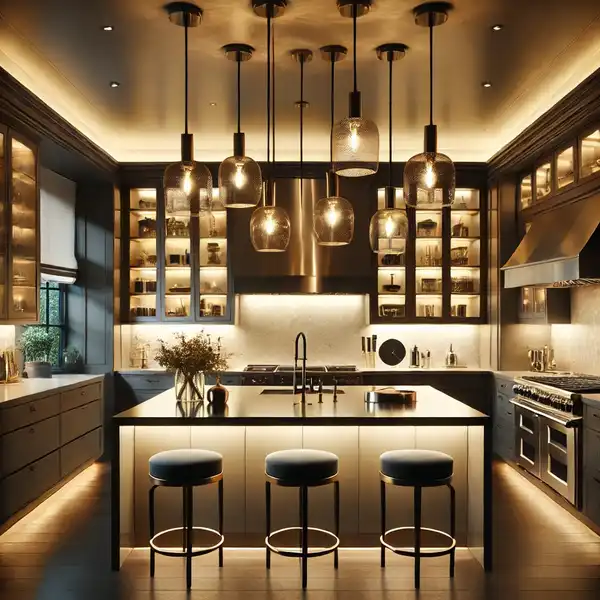 A gourmet kitchen with sophisticated lighting, featuring pendant lights hanging over a large island, under cabinet lighting to illumin