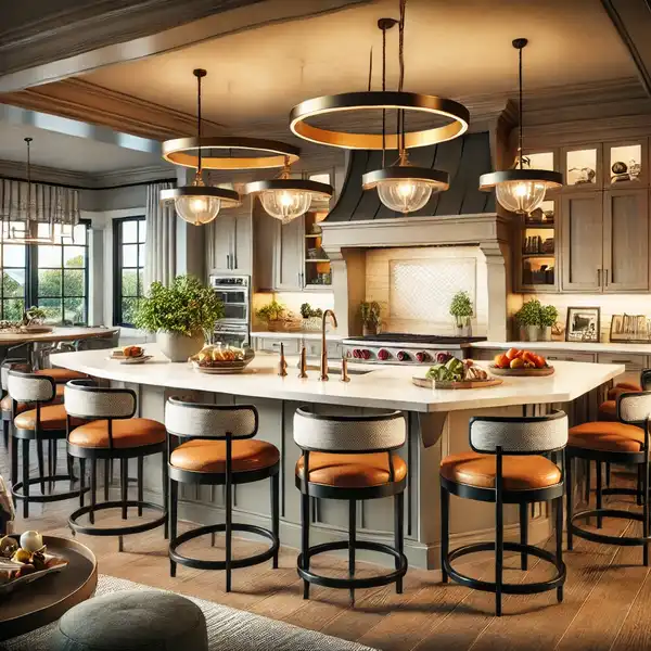 A gourmet kitchen with stylish seating options, featuring bar stools around a large island and a cozy breakfast nook with built in sea