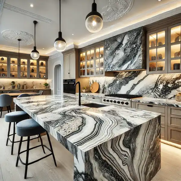 A kitchen with quartz countertops featuring bold patterns