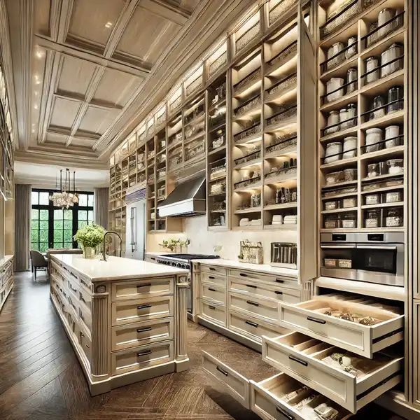 A luxurious gourmet kitchen featuring maxed out storage solutions like deep drawers, pull out shelves, and overhead cabinets