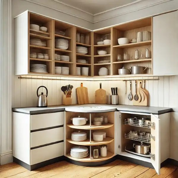 A modern L shaped kitchen ideas utilizing a corner storage solution