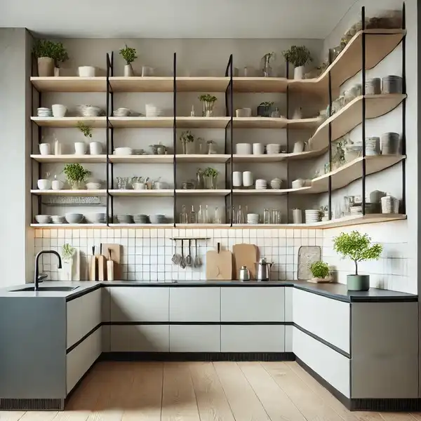 A modern L shaped kitchen ideas with open shelving on the upper walls