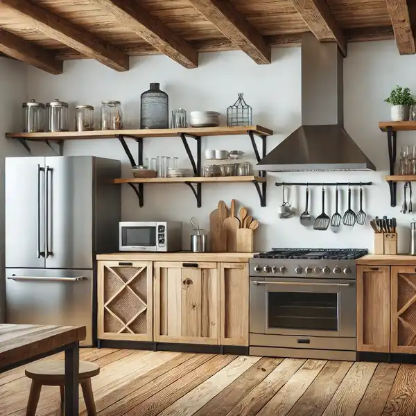 A modern farmhouse kitchen blending sleek stainless steel appliances with wooden countertops and open shelving