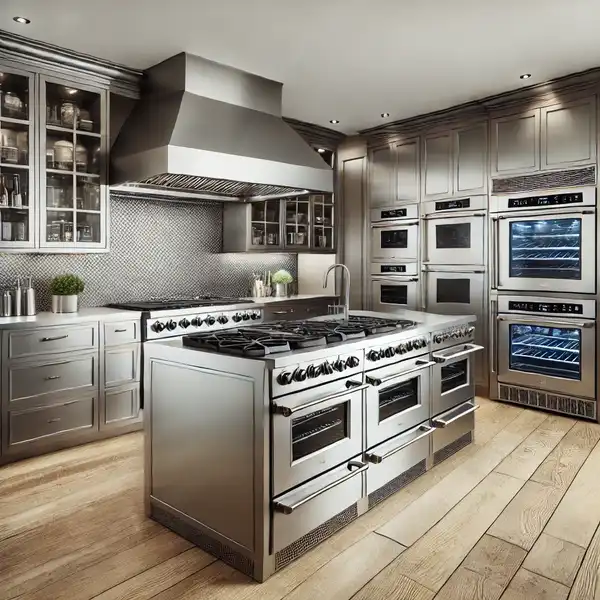 A modern gourmet kitchen featuring high end appliances like a six burner gas stove, double ovens, and a sleek wine fridge