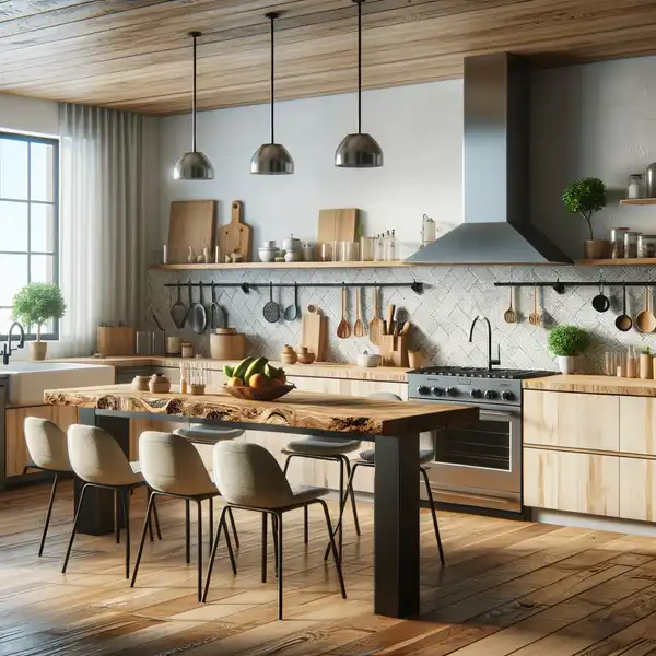 A modern kitchen designed on a budget, using recycled materials like reclaimed wood for the table and secondhand appliances