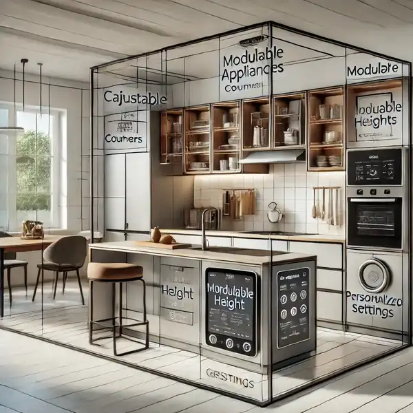 A modern kitchen designed with customizable features, such as adjustable height counters, modular appliances