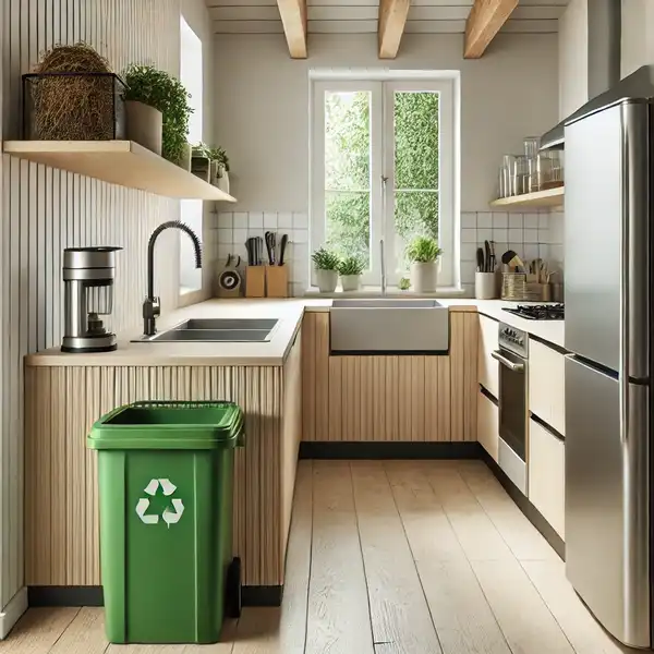 A modern kitchen designed with eco friendly upgrades, including energy efficient appliances and a small compost bin