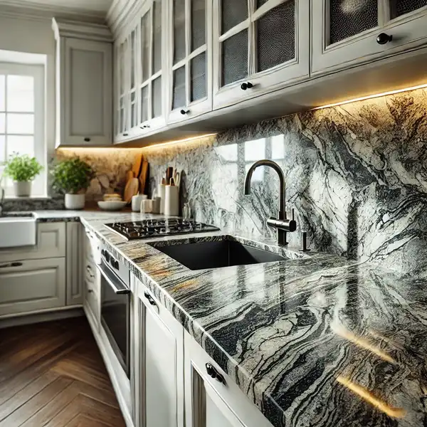 A modern kitchen featuring granite countertops with intricate patterns, showcasing its sleek and stylish appeal