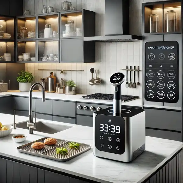 A modern kitchen featuring high tech cooking gadgets, such as a smart thermometer and sous vide machine