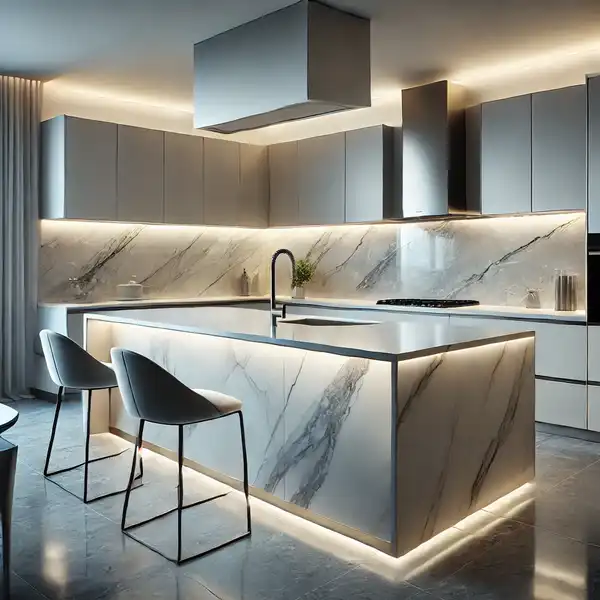 A modern kitchen featuring quartz countertops with waterfall edges