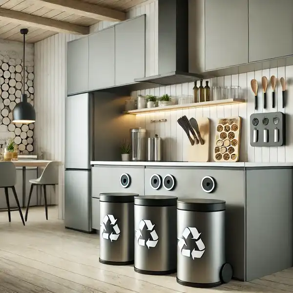 A modern kitchen featuring smart trash solutions, including motion sensor trash cans and a recycling station