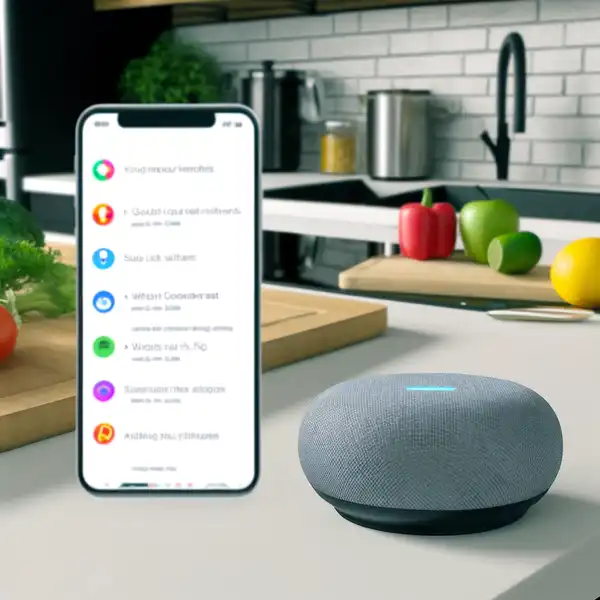 A modern kitchen featuring voice controlled shopping lists and recipe apps, with a smart speaker