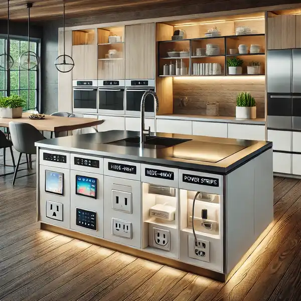 A modern kitchen showcasing a smart kitchen island with built in charging stations, hide away power strips, and extra