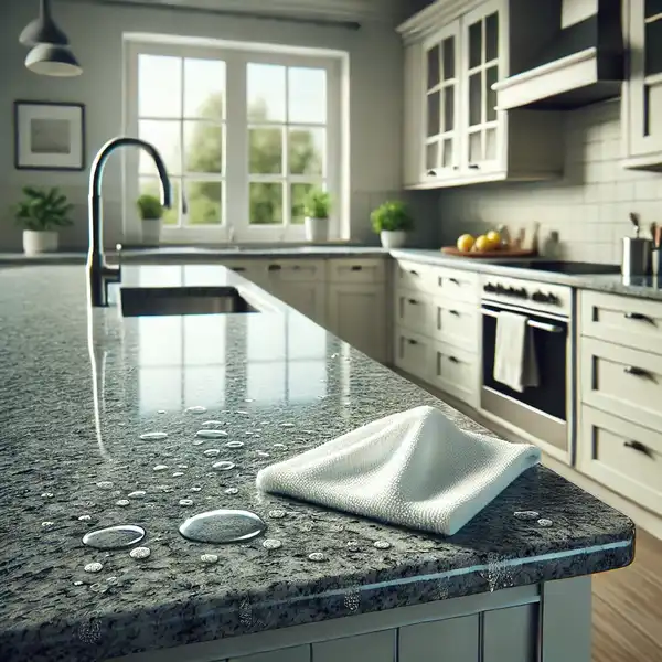 A modern kitchen with granite countertops, emphasizing their stain and bacteria resistance