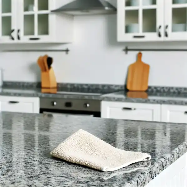 A modern kitchen with granite countertops, showing minimal maintenance requirements