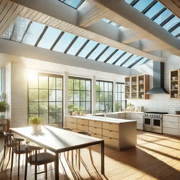 A modern kitchen with large windows and skylights, letting in natural light to reduce the need for artificial lighting