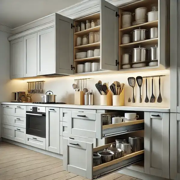 A modern kitchen with pull out cabinets for smart storage solutions