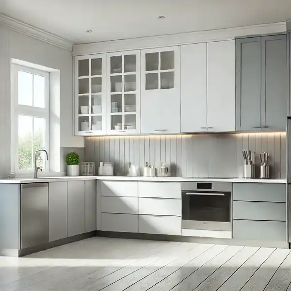 A modern kitchen with two tone cabinets. The upper cabinets are a bright, clean white, and the lower cabinets