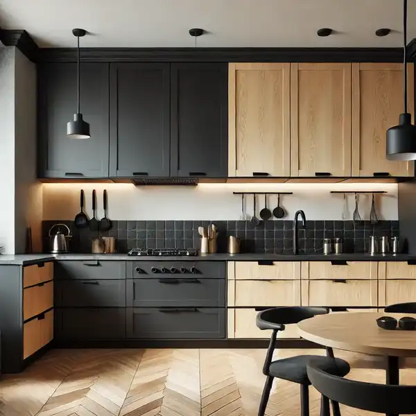 A modern kitchen with two tone kitchen cabinets. The upper cabinets are sleek black, and the lower cabinets have a natural wood tone