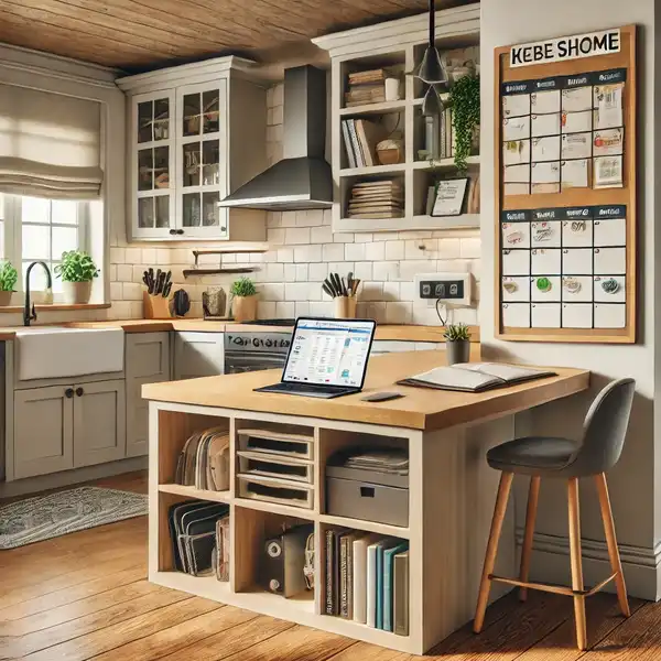 A multi use family kitchen with a homework station built into the kitchen island