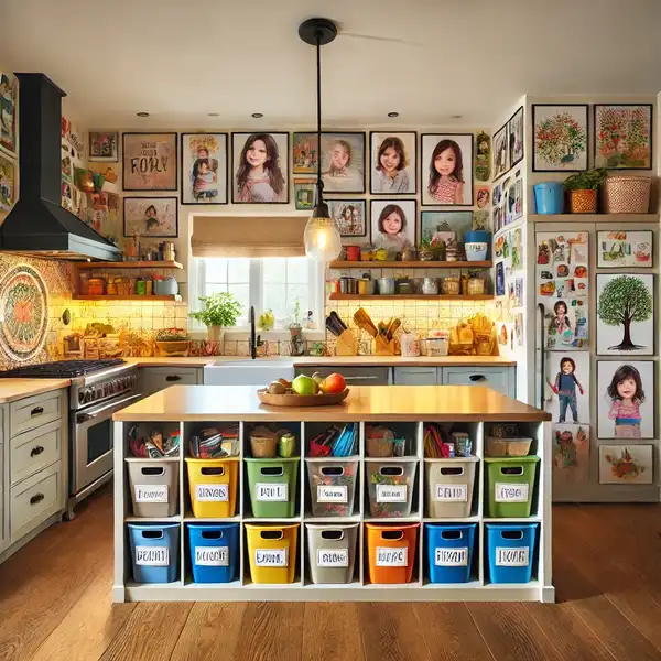 A personalized family kitchen with family photos on the walls, kids' artwork displayed, and custom labeled bins for storage