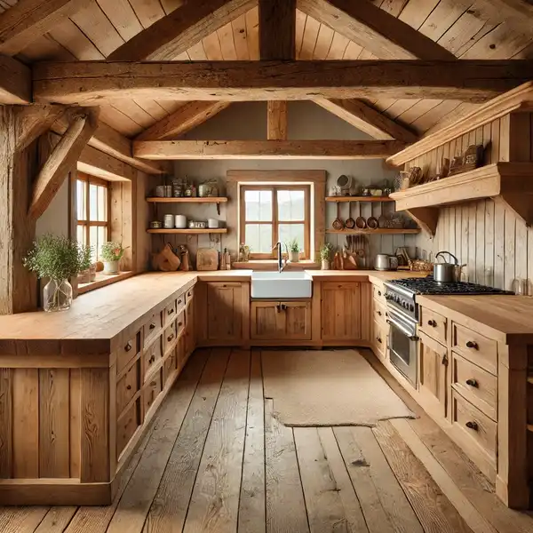 A rustic L shaped kitchen ideas with wooden countertops and cabinets