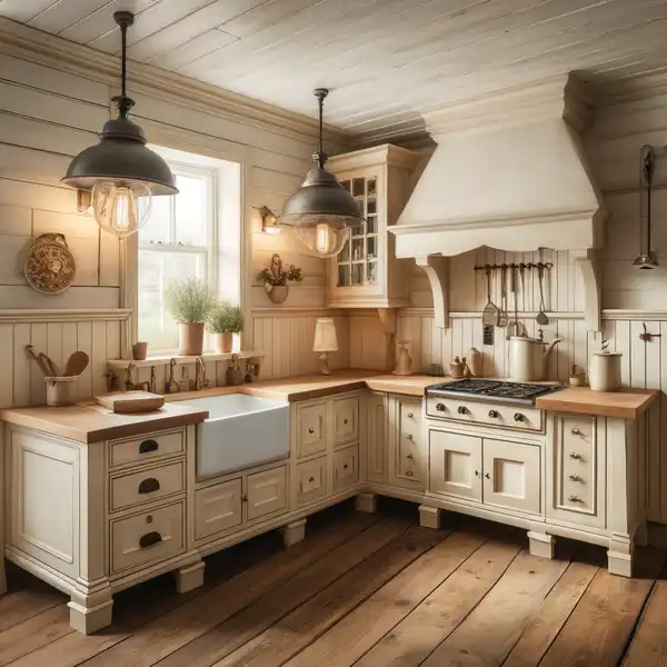 A rustic farmhouse L shaped kitchen ideas featuring shaker style cabinets, a large farmhouse sink, and vintage pendant lighting