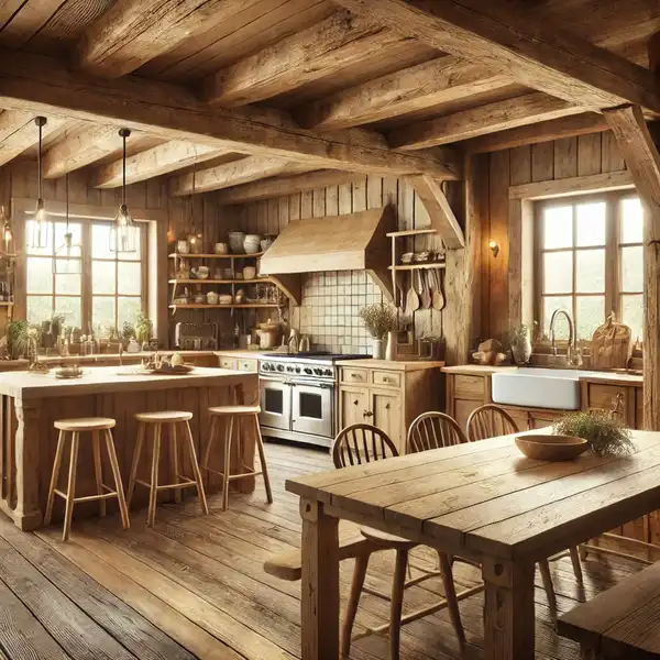 A rustic open concept kitchen designs featuring natural wood materials