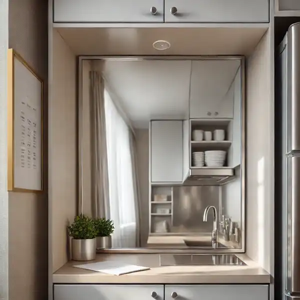 A small kitchen backsplash featuring a mirror. The mirrored surface reflects light, making the kitchen feel larger and more open